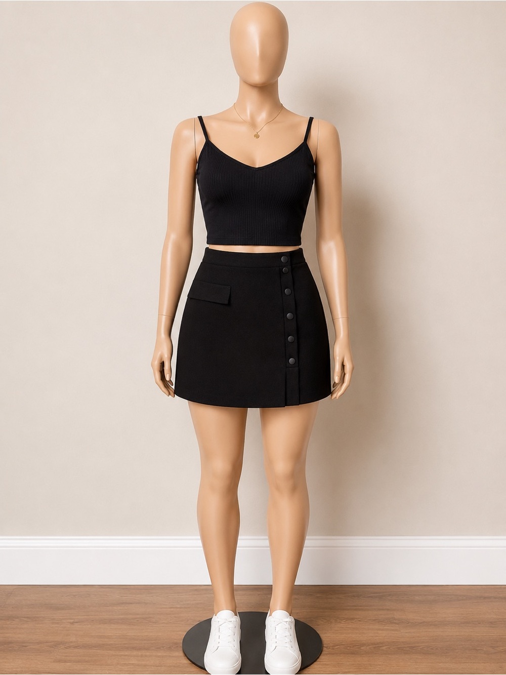 CAbi Black Button-Side Mini Skirt